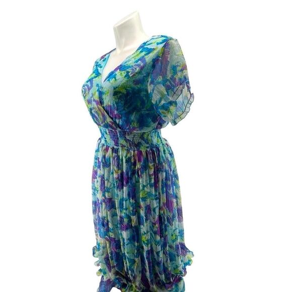Ashro Lavita Blue Floral V-Neck Dress 1X 16/18 Smocked Waist Short Sleeve - Picture 7 of 16